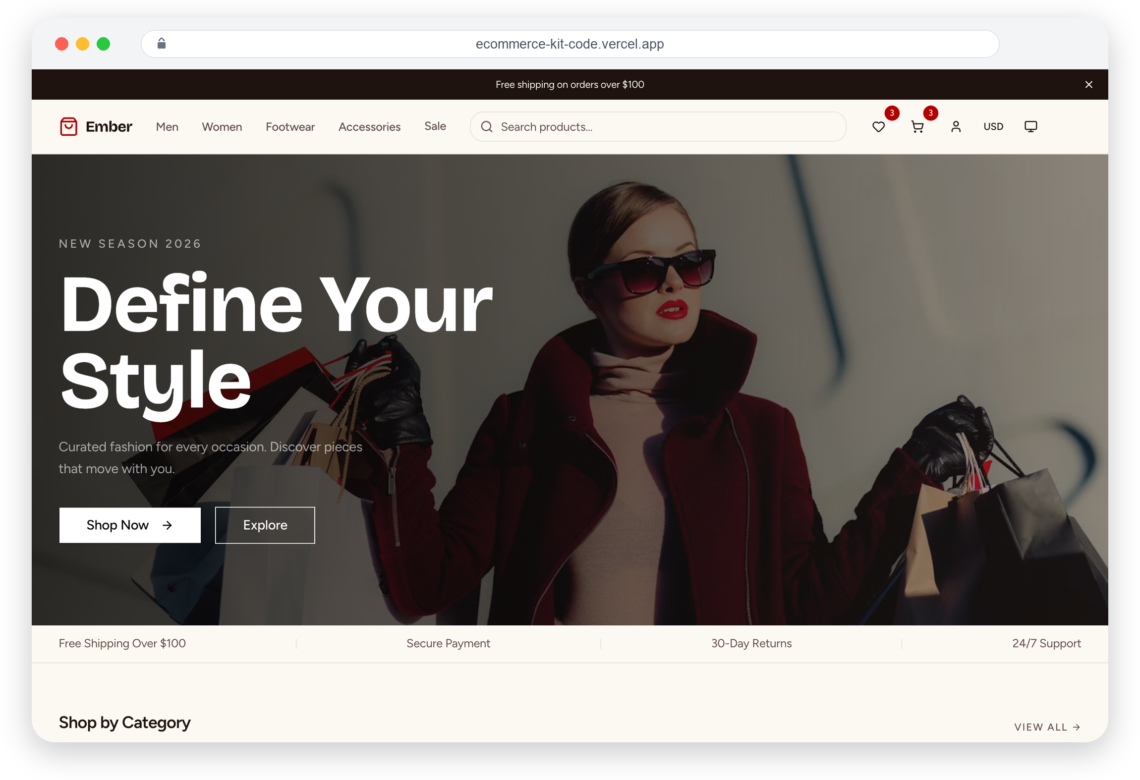 E-commerce Starter Kit by thefrontkit showing a modern storefront with product catalog, filters, and shopping cart